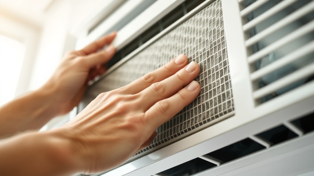 Limpieza del filtro de un aire acondicionado, detalle de mantenimiento preventivo