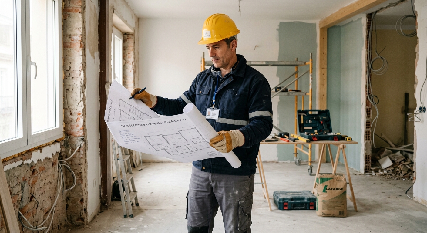 Obra en progreso: trabajadores con cascos inspeccionan una vivienda en reforma integral