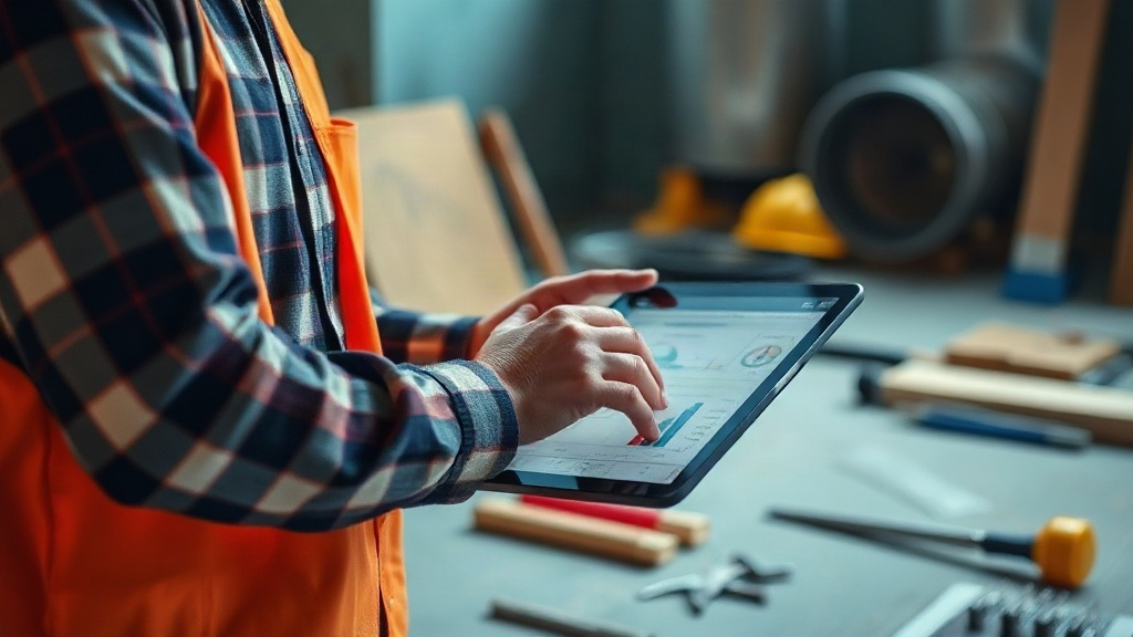Profesional de reformas usando una tablet en obra para automatizar presupuestos de reformas