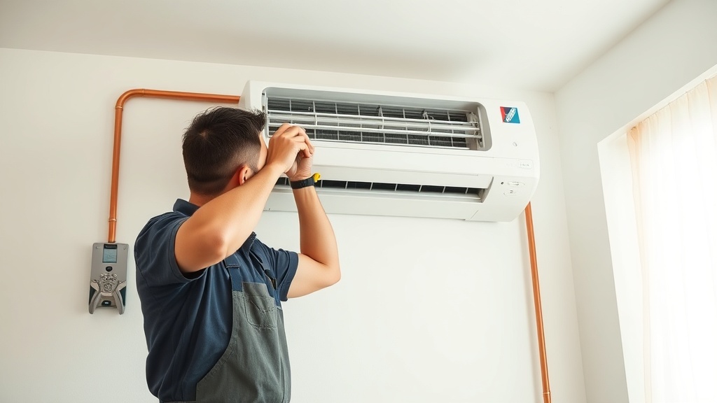 Técnico instalando un aire acondicionado split en una pared