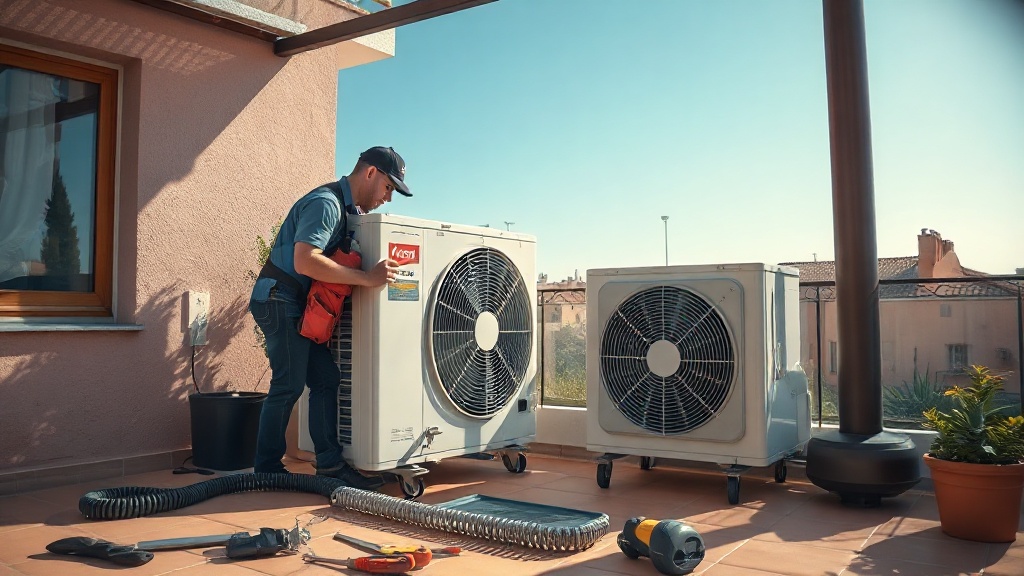 Técnico de climatización reparando la unidad exterior de un aire acondicionado en una terraza