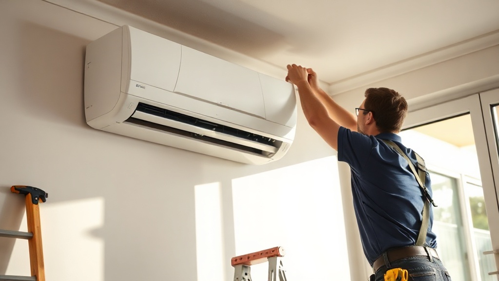 Técnico instalando un aire acondicionado split en una vivienda española