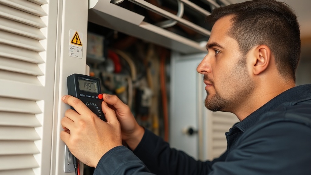 Técnico diagnosticando aire acondicionado con multímetro