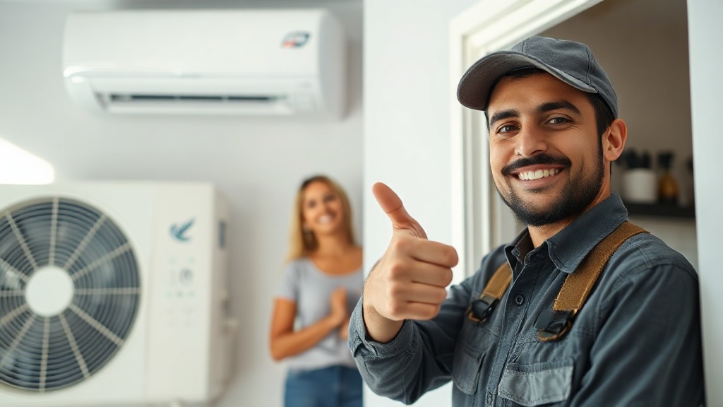 Técnico satisfecho tras reparar aire acondicionado, cliente contento